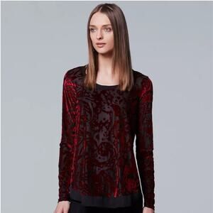 Simply Vera Wang Whimsygoth Crushed Velvet Top Medium Red Black Vamp Witchy Glam